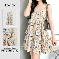 Lovito Padrão de Vestido Boho Camada em Camada Primavera/verão Vestido Off White para Mulheres DRB203TD024