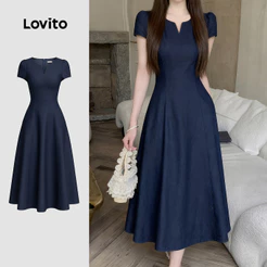 Lovito Midi Elegante Vestido Azul Escuro Feminino para Primavera/verão e Confortável para O Trajeto diário LK4AD327