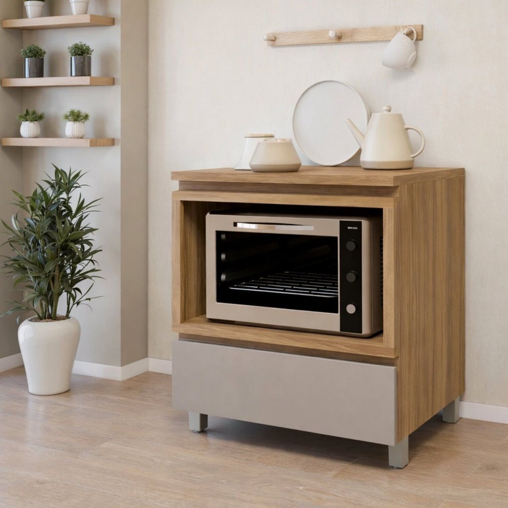 Balcão Forno 1 Gaveta Rainha 70cm 100% MDF Nesher Cinza/Nature/Greige Nature/Greige