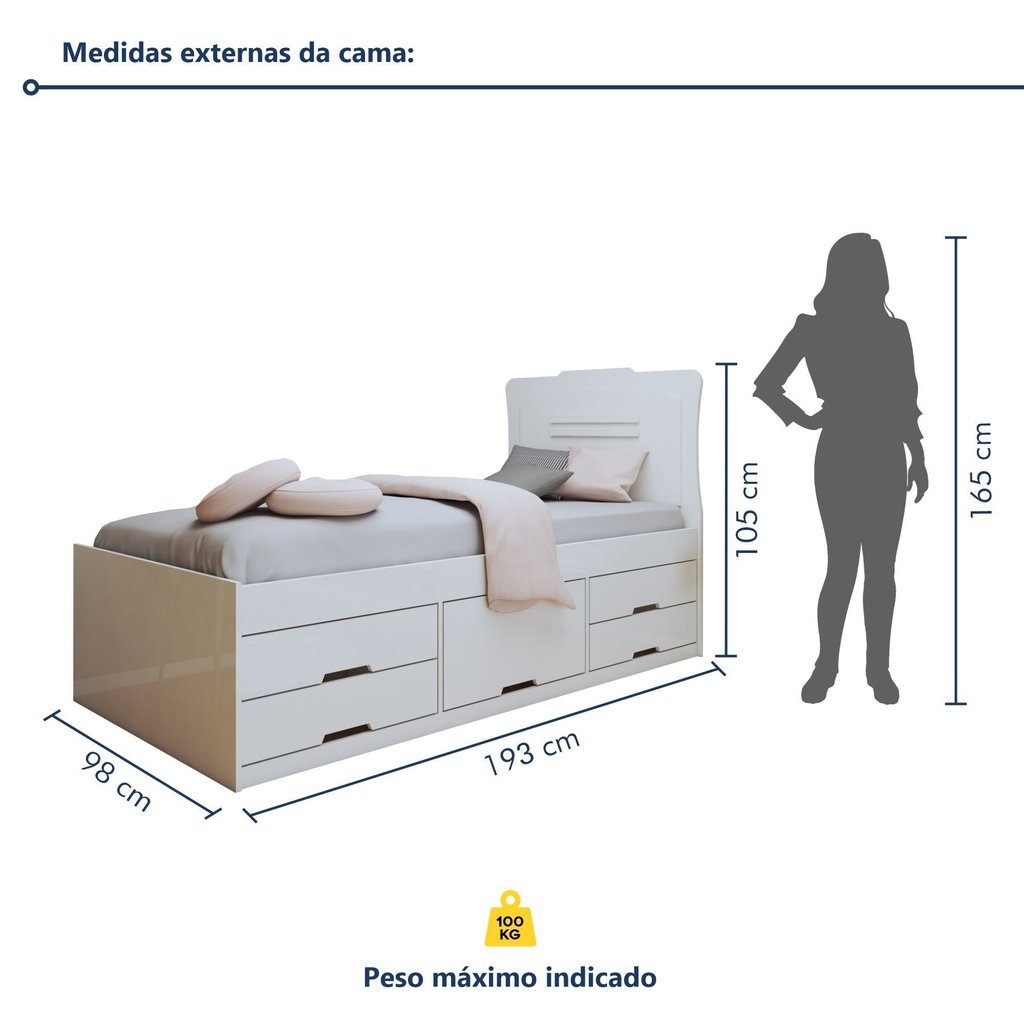 Cama Solteiro 5 Gavetas Júlia Conquista Moveis Branco Branco · foto 2