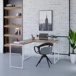 Escrivaninha Mesa Escritório em L Estilo Kuadra 120cm Industrial Lamina Mel e Branco Marrom Lamina Mel/Branco