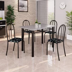 Conjunto de Mesa Tubular 100x60cm Tampo em Granito com 4 Cadeiras Prata/Preto