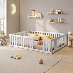 Cama Montessoriana Casal com Grade Giulia Casatema MadeiraOriginals Branco Branco