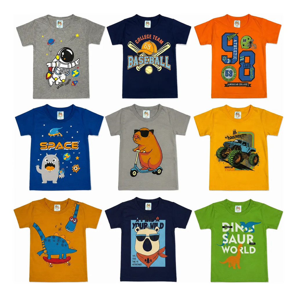 Kit 3 Camisetas Infantis Masculinas em Algodão com Estampas Variadas para Meninos