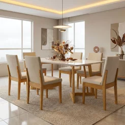 Conjunto Mesa Califórnia com Vidro 6 Cadeiras Dakota Cerejeira Tecido A40 100% Madeira Maciça Marrom/Palha