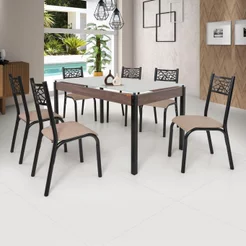 Conjunto Sala de Jantar Mesa Jade 140x80cm Tampo Vidro com 6 Cadeiras Bege/Preto Fosco/Linho Preto Fosco/Linho Bege