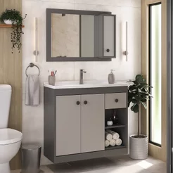 Conjunto de Banheiro Suspenso 80cm com Gabinete e Espelheira Grafite Yescasa Grafite/Fumê