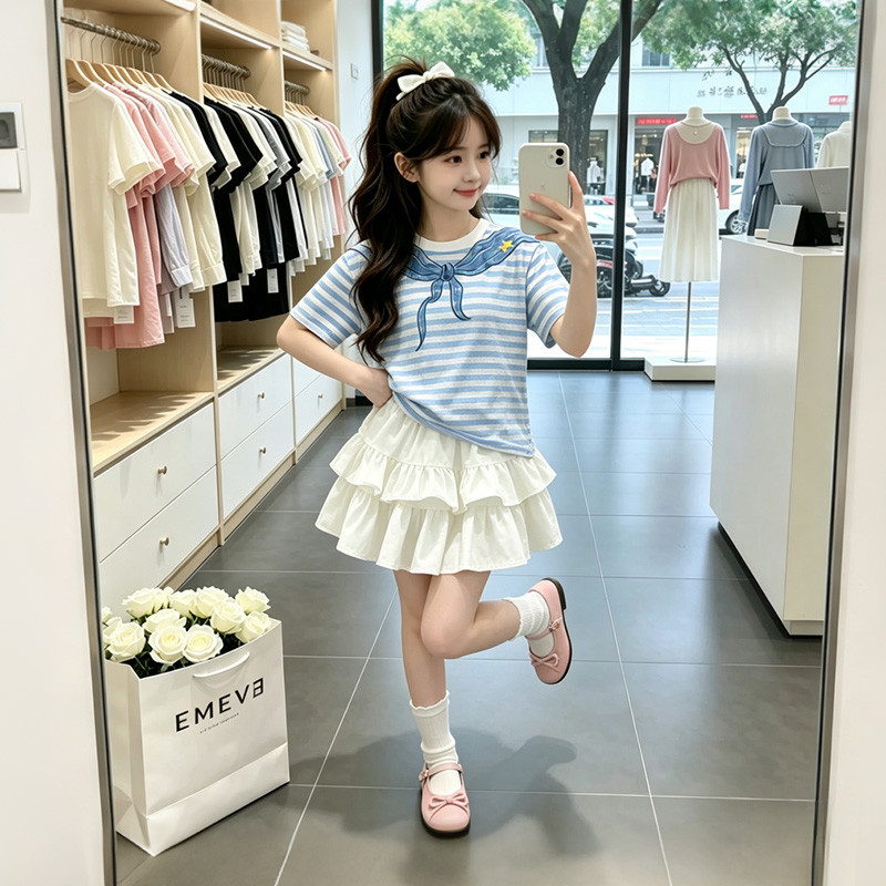 Meninas terno de verão 2026 novo estilo crianças moda estilo ocidental verão listrado manga curta camiseta saia terno de