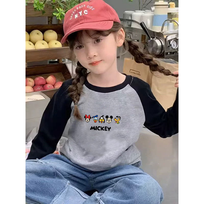Meninas contraste cor preto cinza costura manga comprida camiseta 2025 primavera outono novo estilo crianças moda camisa