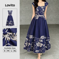 Lovito Vestido Azul Feminino Casual Elegante Com Padrão Floral Botão E Zíper Longo E Evasê Primavera/Verão Fim De Semana E Trabalho DRB38BR278