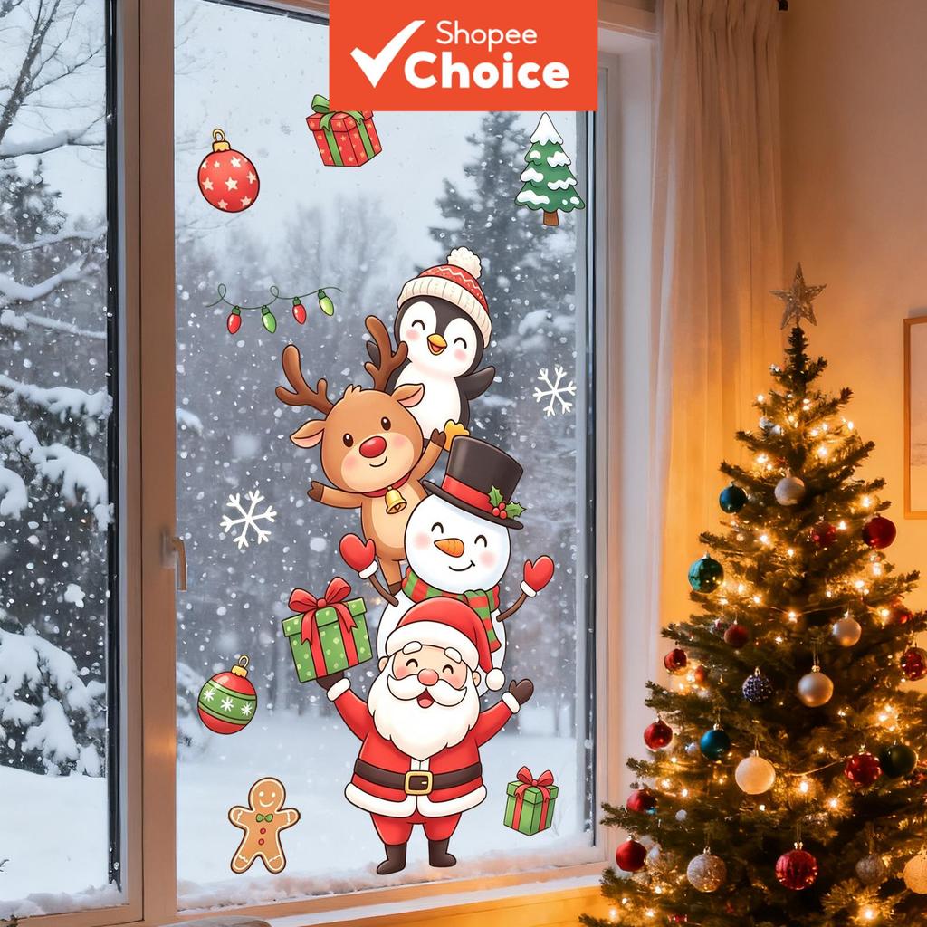 Um conjunto de adesivos estáticos natalinos fofos (30*60cm) com Papai Noel, alce e pinguim para vitrines de loja e