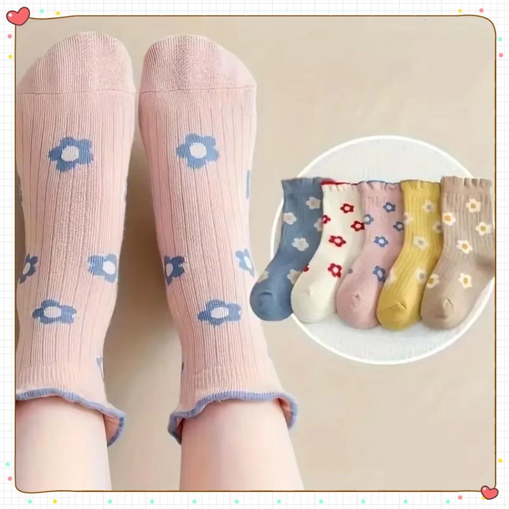5 Pares De Meias Infantis , Pacote De Florais De Algodão Macio E Respirável Para Meninas , Com Babados Punho