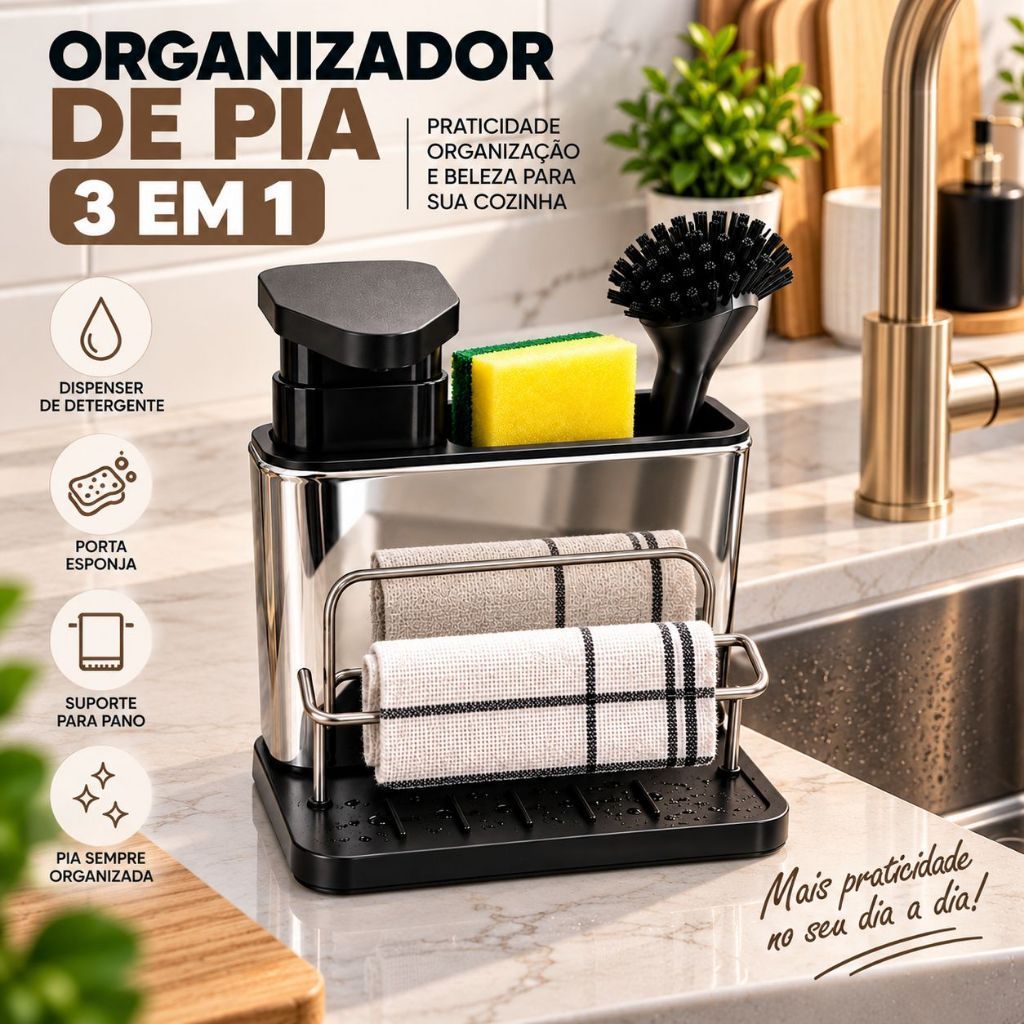 Organizador de Pia 3 em 1 Aço Inox com Dispenser de Detergente Porta Esponja Suporte para Pano - SH
