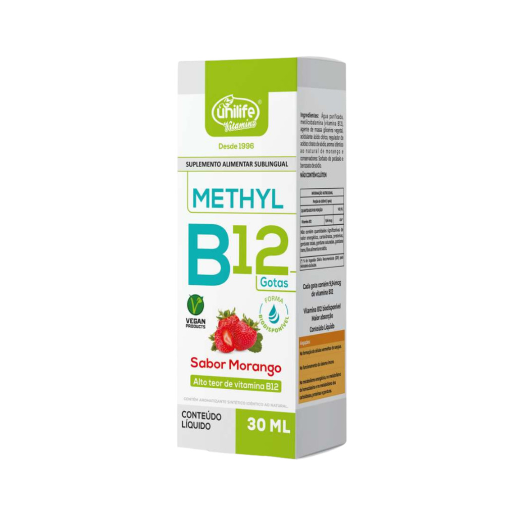 Vitamina B12 Methyl em gotas Unilife sabor Morango 30 ml