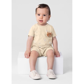 Macaquinho de bebê em Cotton Brandili UNISSEX com aplique alto relevo de ursinho romper menino banho de sol menina em Oferta na Shopee
