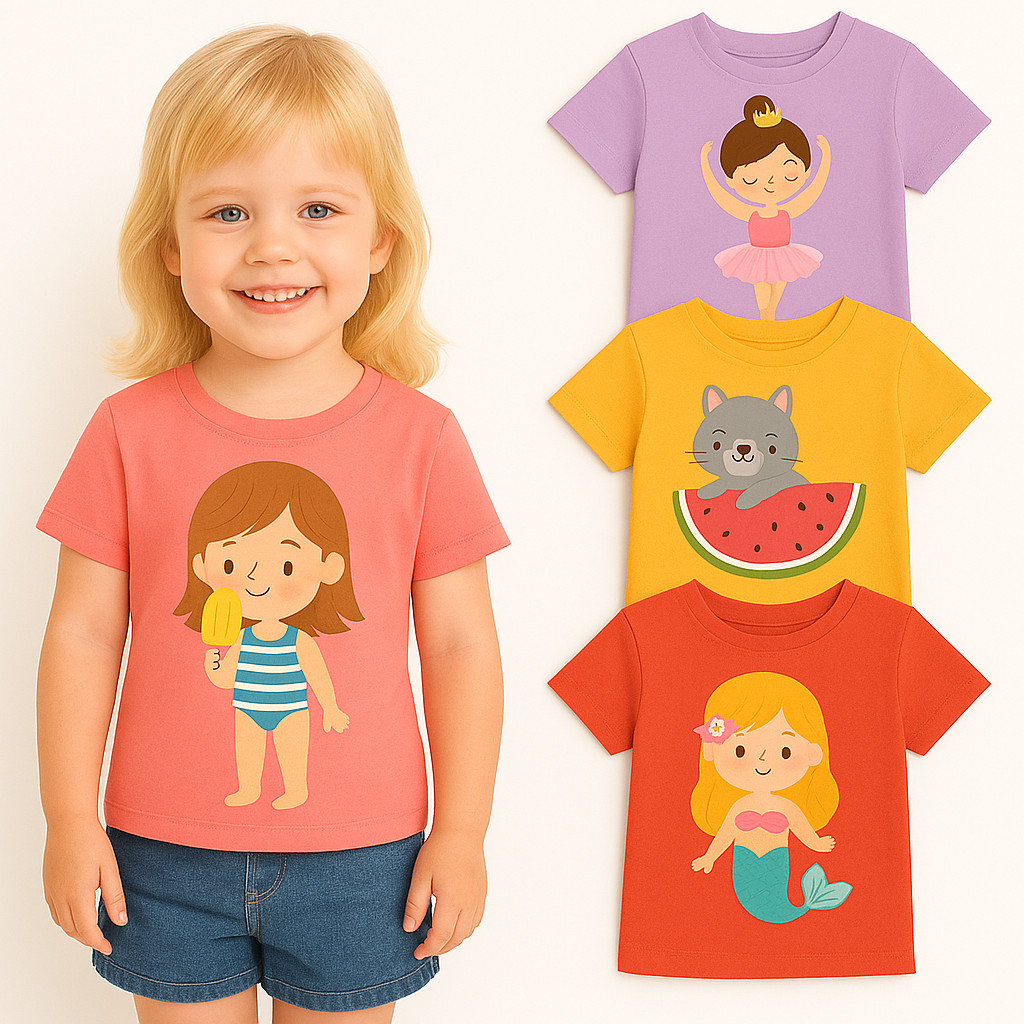 Kit 3 Camisetas Infantil Menina Infantil - Kit 3 Blusas de Menina Infantil Verão Sortidas- Blusa Feminina Verão Infantil