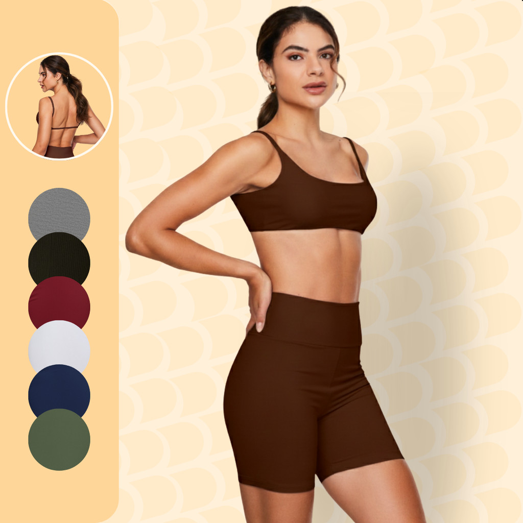 Conjunto Fitness Ciclista Feminino em Suplex Top Faixa Duplo com Bojo Removível e Bermuda Forrada