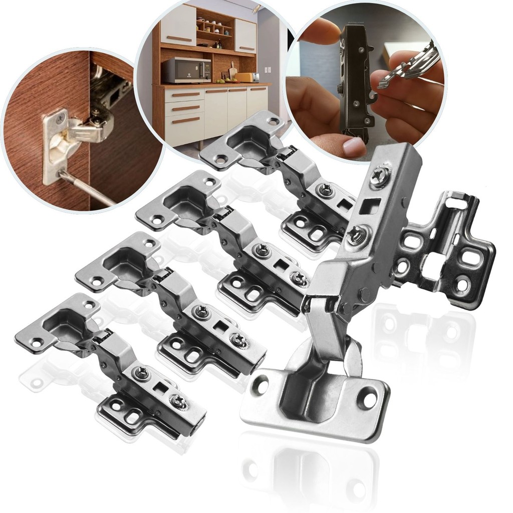 Kit 5 Dobradiça Curva 35mm Click Amortecedor Portas Móveis Armário Caneco Resistente Mola Calço Soft Close Clique Guarda