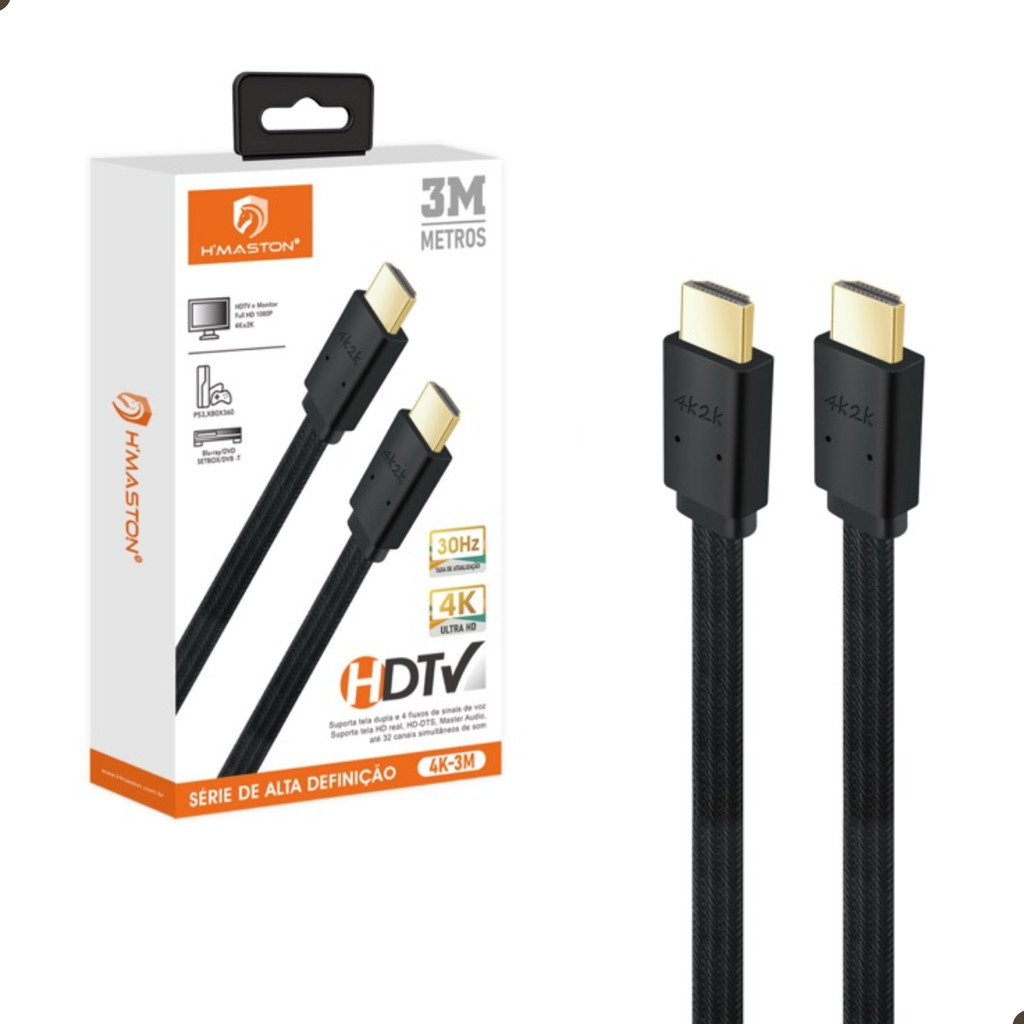 Cabo HDMI 3 Metros Blindado Imagem 4K Ultra HD 30Hz Alta Qualidade Televisão Monitor Projetor