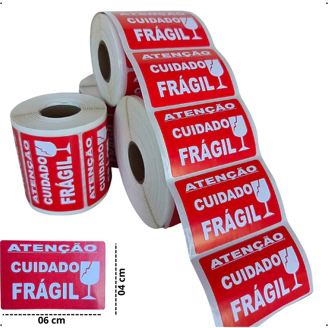 1000 Etiquetas Cuidado Frágil Adesiva 60mm x 40mm 1 ROLO/1000 Etiq Pacotes Embalagens Envios Mudança