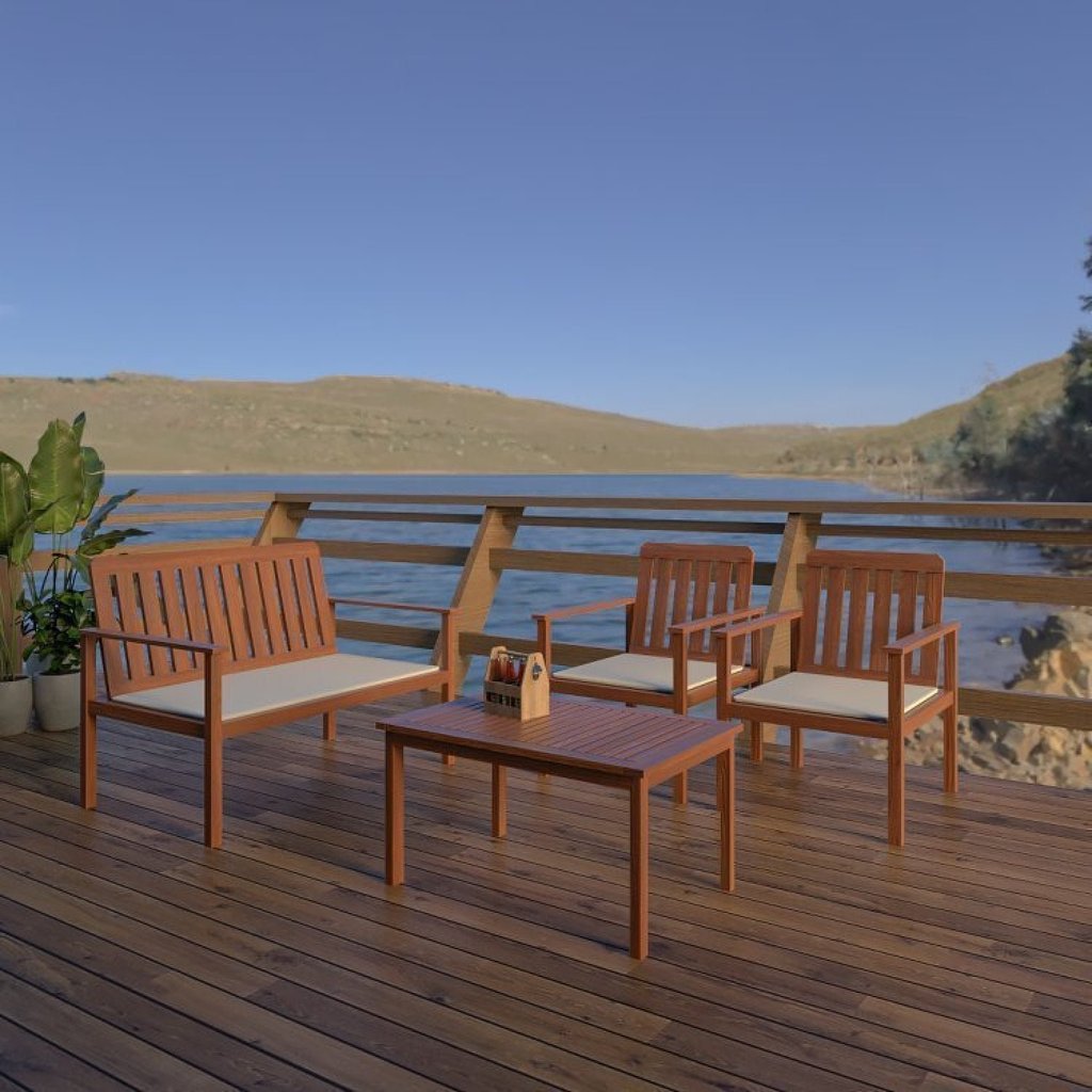 Conjunto para Jardim com Mesa Lateral, 2 Poltronas e Banco em Madeira Maciça Havelock em Oferta na Shopee