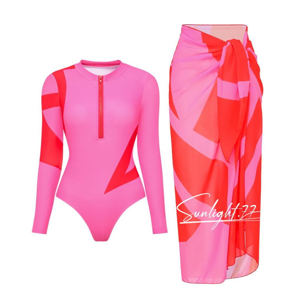 Conjunto de Maiô Biquíni Manga Longa Zíper Bloco de Cor Praia Surf Roupa De Banho de Uma Peça Moda Feminina Venda Quente