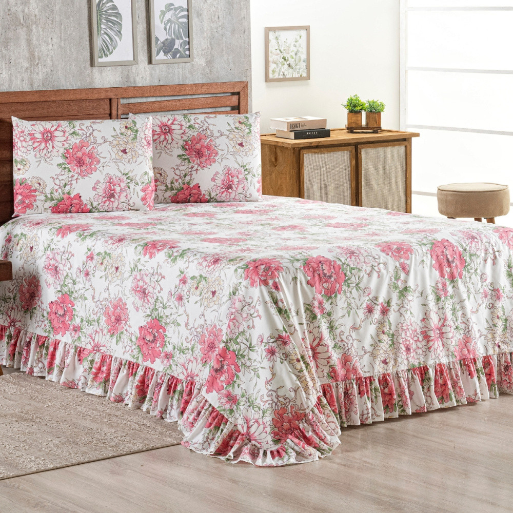 Colcha Casal Babado Laila 3 Peças Estampa 02 em Oferta na Shopee