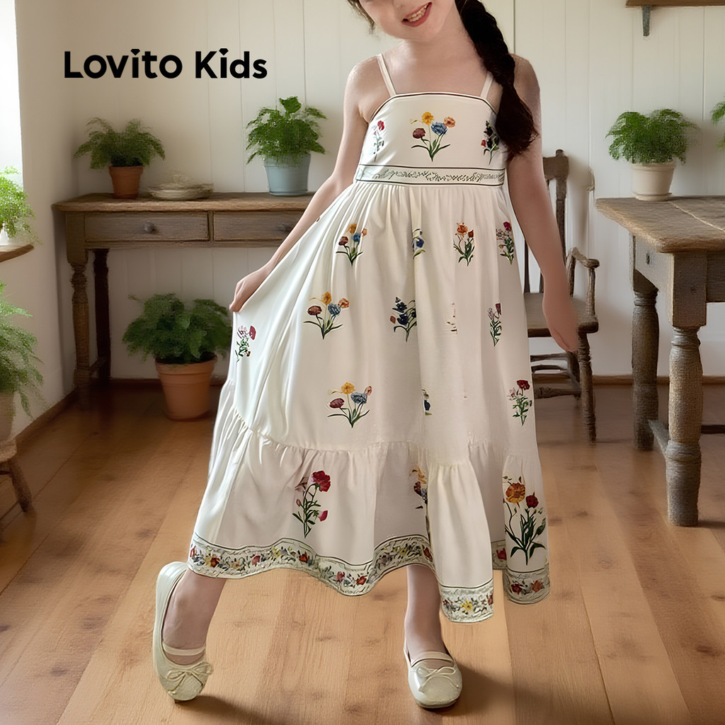 (BKF1) Lovito Kids Vestido Fofo com Franzido para Menina Ideal para primavera/verão L153ED169 em Oferta na Shopee