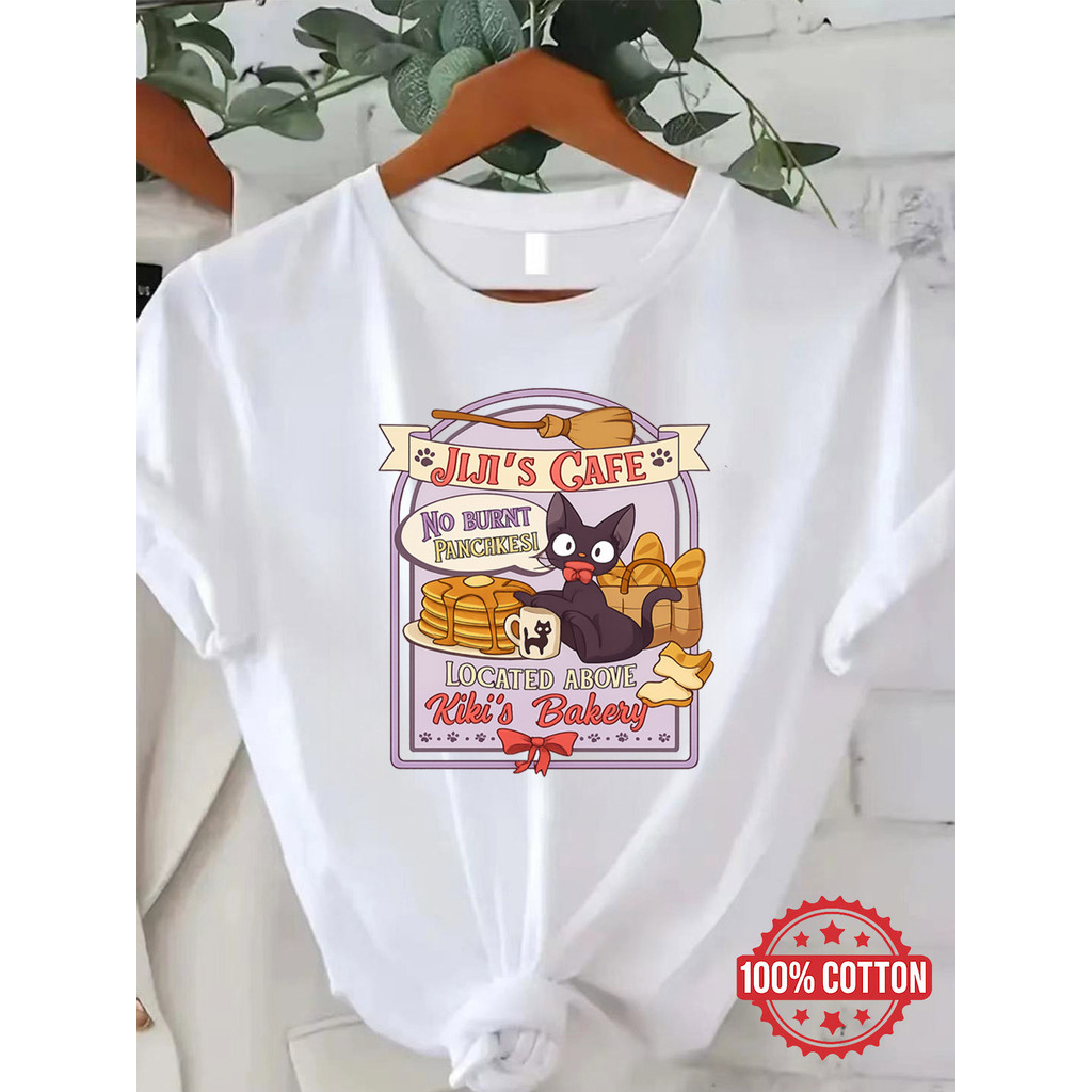 BR.Moonlight Camiseta Feminina Gato Jiji Cafe Panquecas Estampa Fofa Confortável Divertida Estilosa Moda Casual Verão