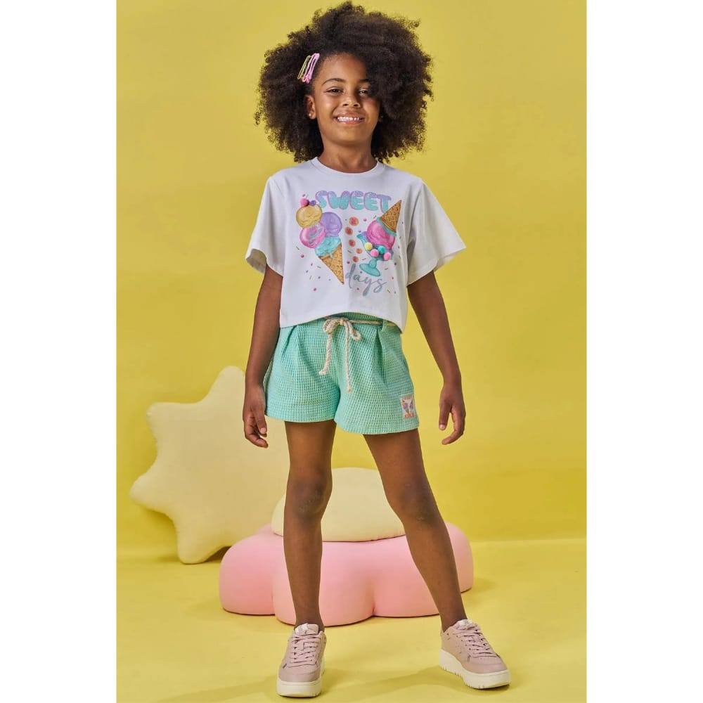Conjunto Menina Blusa Boxy Algodão Short Malha Kukiê Branco/Verde