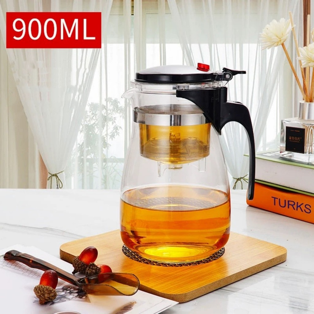 Chaleira Bule Jarra de Vidro 900ML Com Tampa de Chá de um Toque Para Chá Com Infusor Reuti...