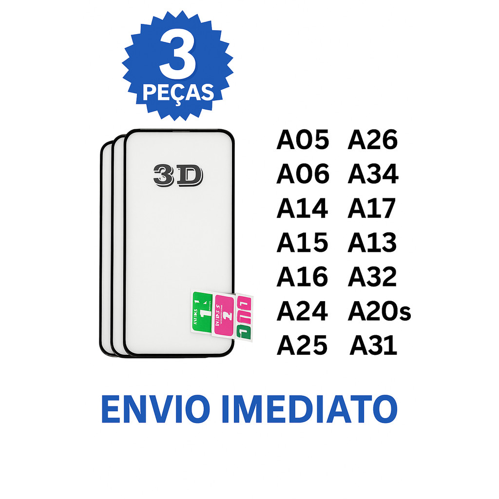 Kit 3 Película 3D Vidro Temperado Para Samsung Galaxy A14 A15 A16 A17 A04 A05 A06 A07 A31 A32 A22