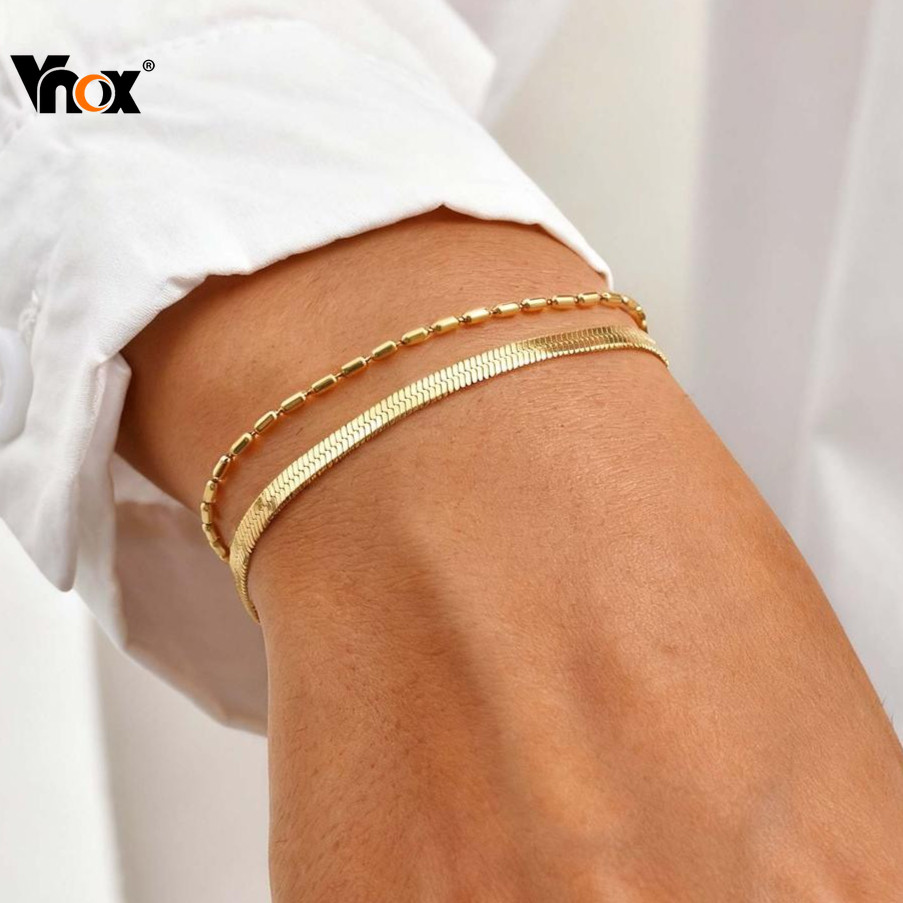 Vnox Corrente De Segmento De Bambu Plana Cobra Dupla Camada Pulseira Ouro Ajustável Link Feminino Meninas Simples Moda J em Oferta na Shopee