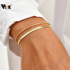 Vnox Corrente De Segmento De Bambu Plana Cobra Dupla Camada Pulseira Ouro Ajustável Link Feminino Meninas Simples Moda J