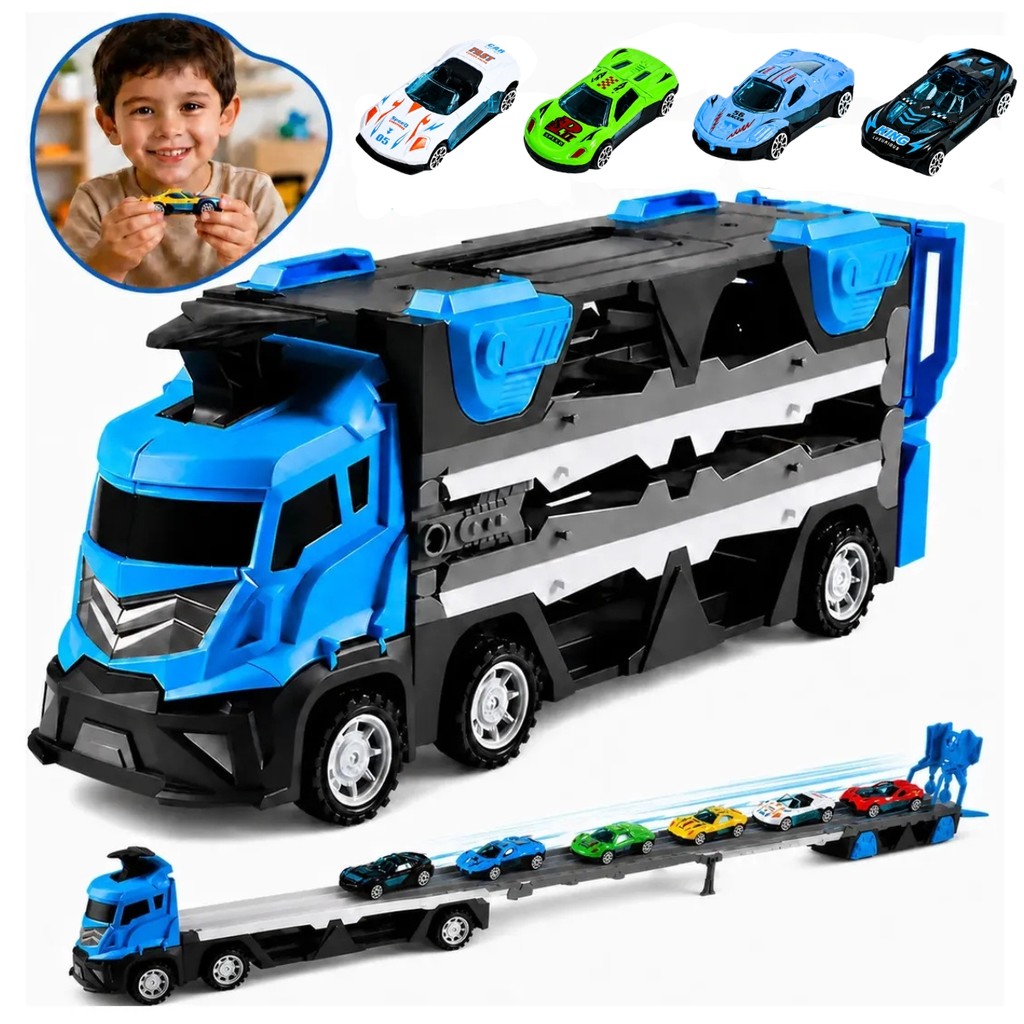 Brinquedo Caminhão Cegonheira Pista de Corrida C/ Som Lançador Azul Com 4 Carrin