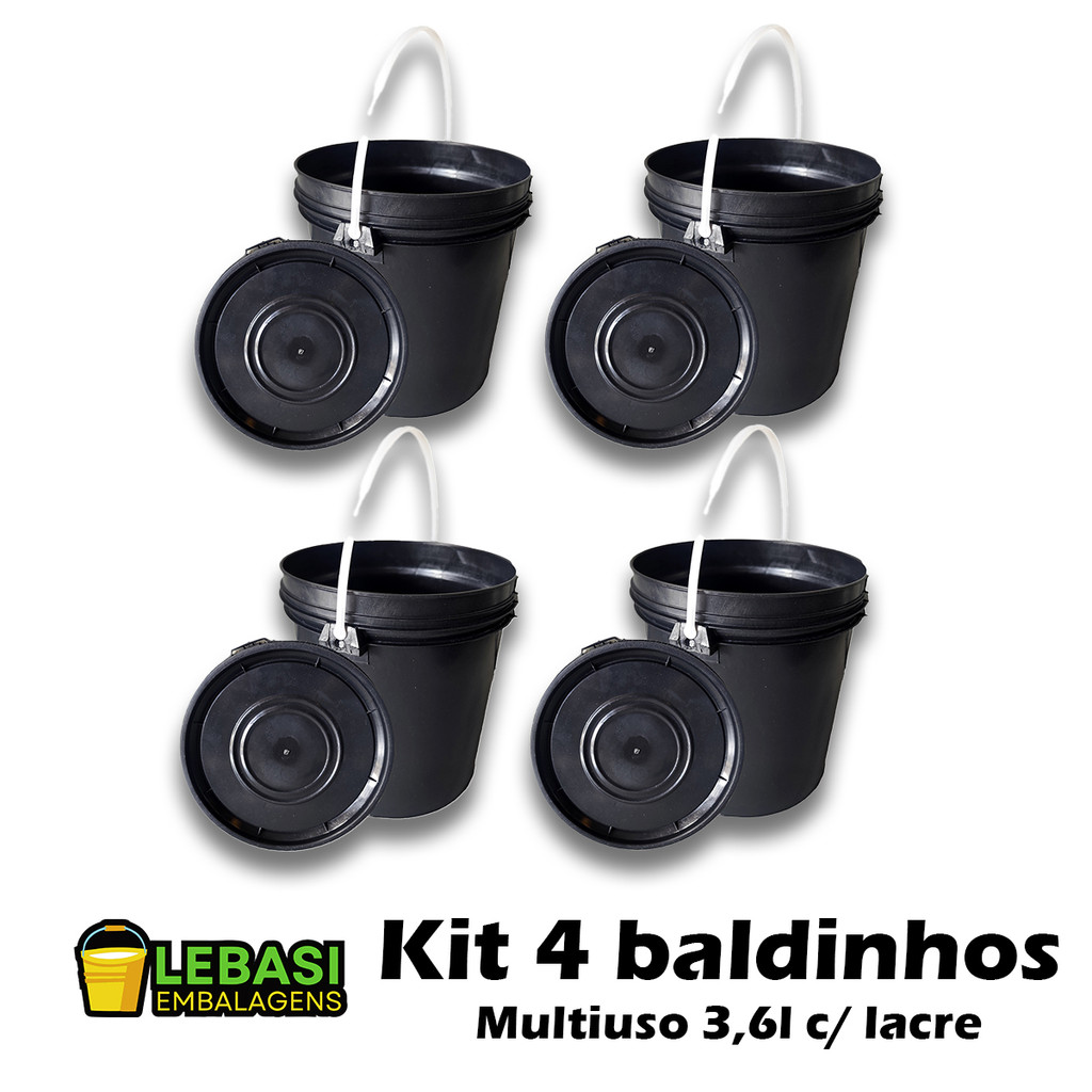 Kit 4 Baldes Plástico 3,6L Preto com Tampa e Lacre – Multiuso Limpeza, Ração e Utilidades