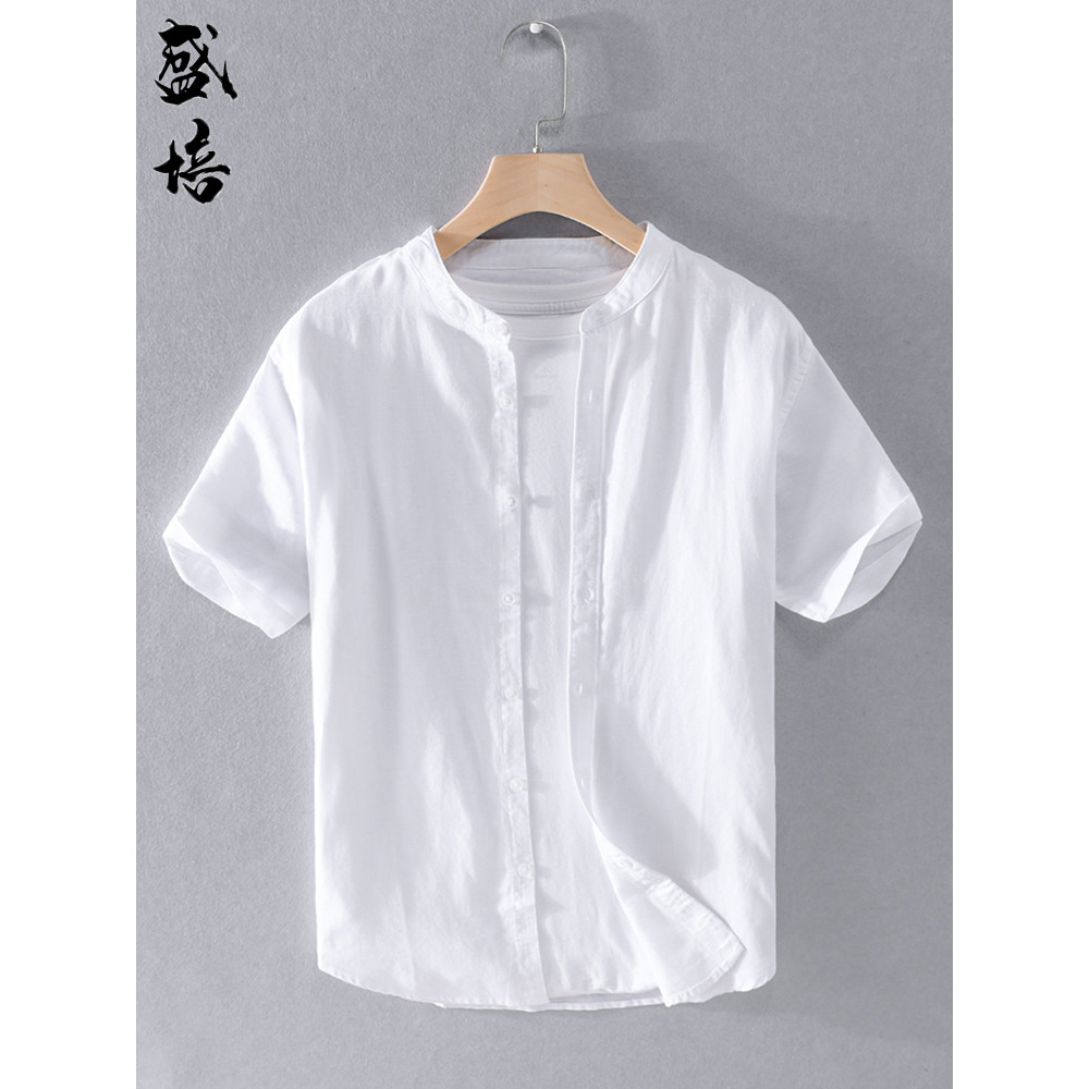 Camisa branca de manga curta masculina linho verão em torno do pescoço camisa básica cor Original camisa Casual sem gola