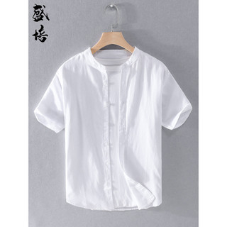 Camisa branca de manga curta masculina linho verão em torno do pescoço camisa básica cor Original camisa Casual sem gola