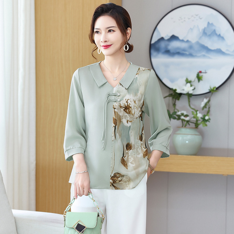 Moda mãe primavera camisa de fundo estilo fino 40 anos de idade mulheres de meia-idade estilo ocidental camisa pequena d
