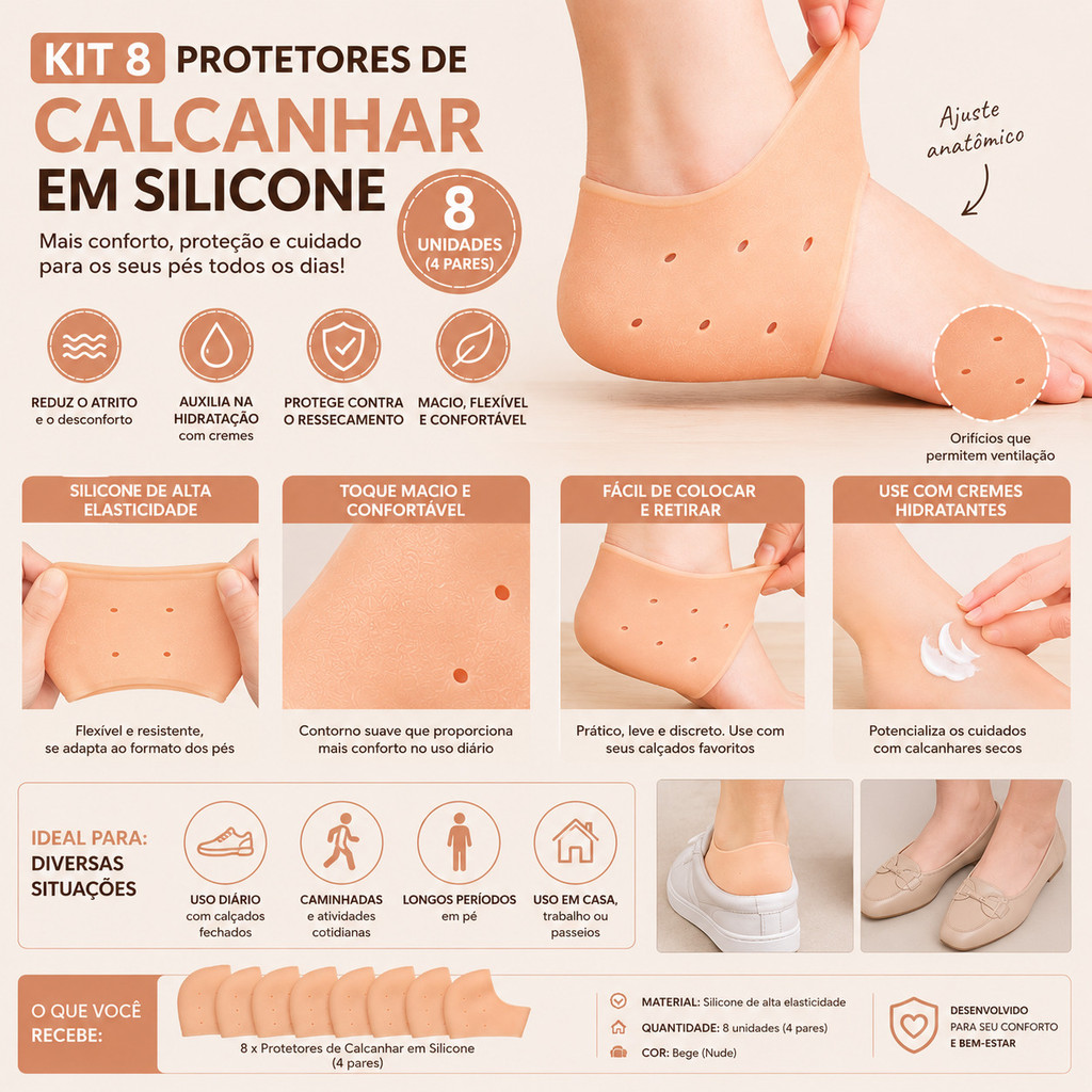 Kit 8 Calcanheiras em Silicone Premium | Ajuste Anatômico, Conforto Diário e Cuidado para Calcanhares Secos