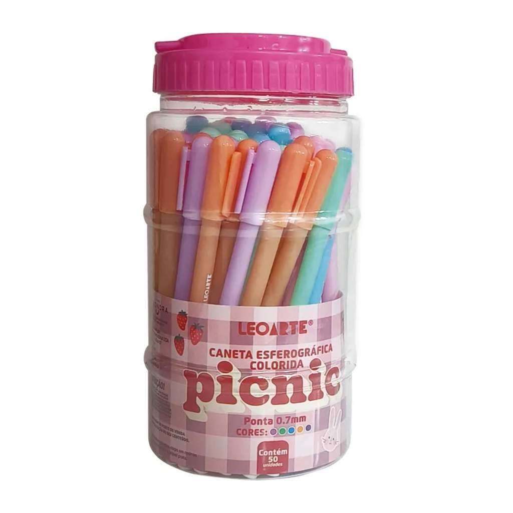 Caneta Esferográfica Picnic 0.7 Colorida - Pote c/ 50 unidades Leoarte Leonora - 97972