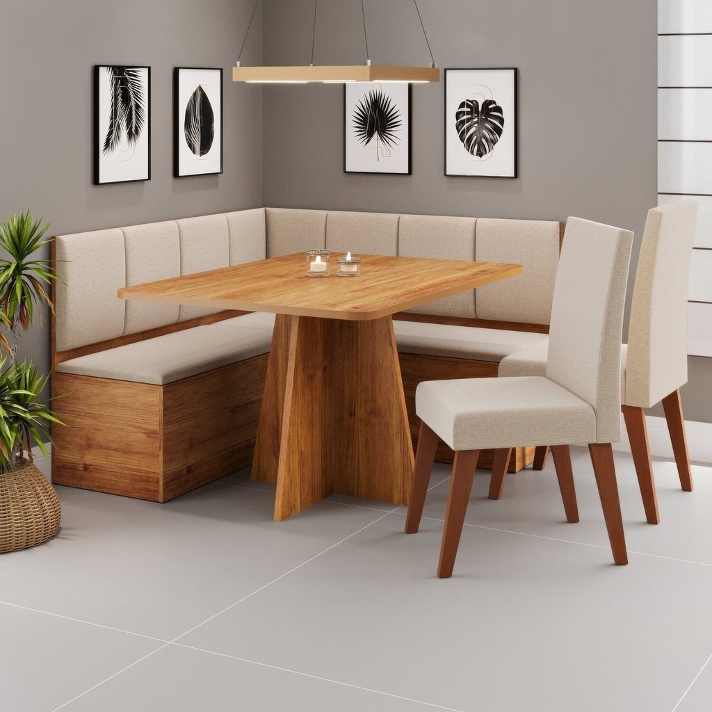 Conjunto Canto Alemão com Baú Mesa 120x77,5cm Tampo sem Vidro com 2 Cadeiras Milão Bronze/Mel Bronze/Mel