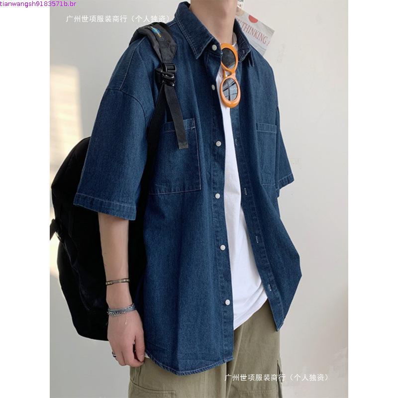 Japonês Retro Denim csa de manga curta masculina ins na moda solta Casual rufião bonito bolso ferramentas csa jaqu