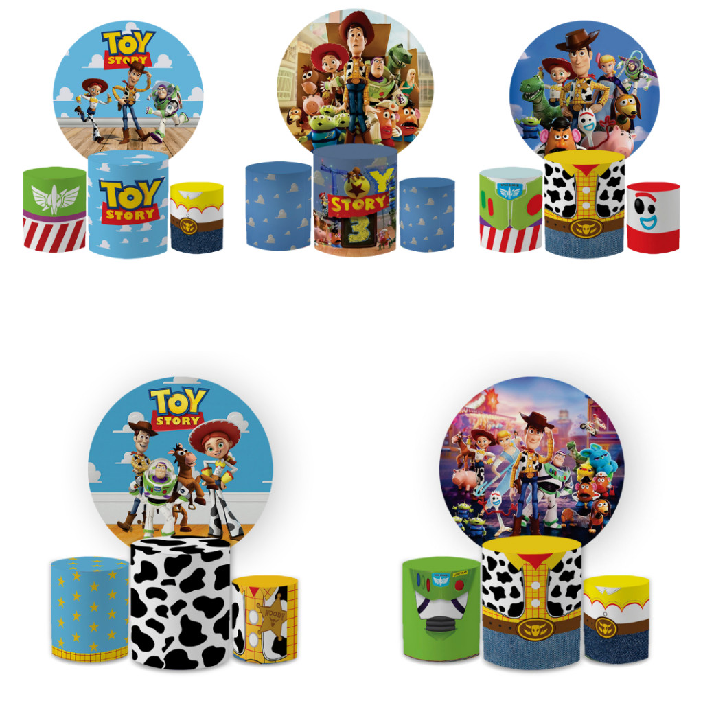 Kit Capa Painel Redondo 1,5 + Trio Cilindros Toy Store Wody Decoração Aniversário Infantil | Envio Rapido