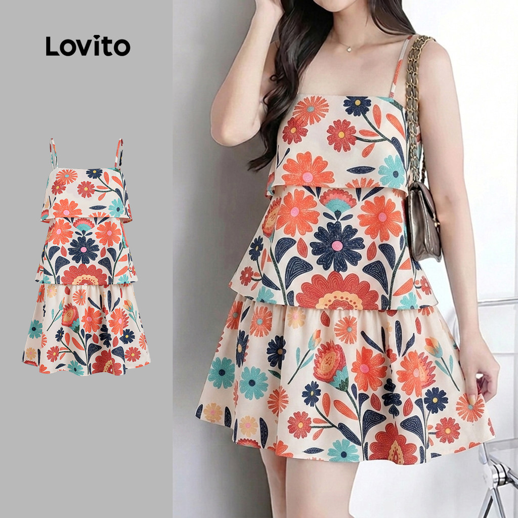 Lovito Vestido Boho com Camadas e Padrão Vestido de Primavera/verão para Mulhere