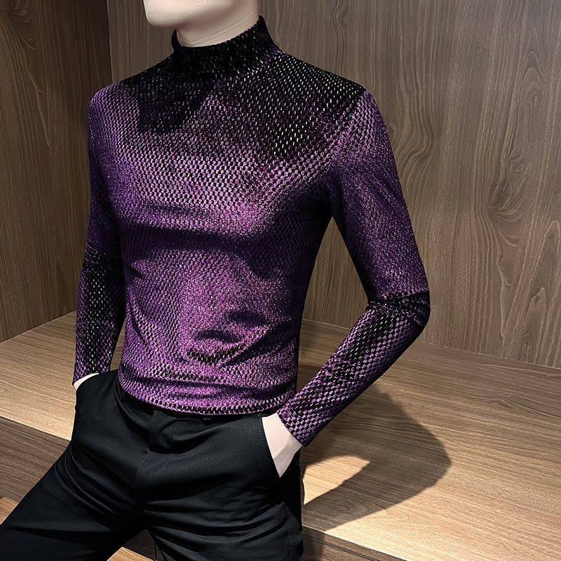 Camisa masculina meia gola alta primavera outono estilo Street Wear roupas masculinas 2025 novo estilo roupas ouro velud