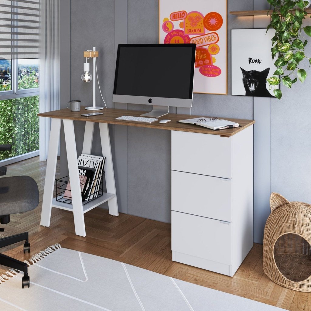 Mesa Escrivaninha Cavalete com Gavetas 3 Gavetas 135cm Mel e Branco Mel/Branco