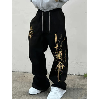Calças Compridas Desportivas Casuais Masculinas, Estampado com Padrão de Espada Samurai, Design de Perna Larga com Cordã