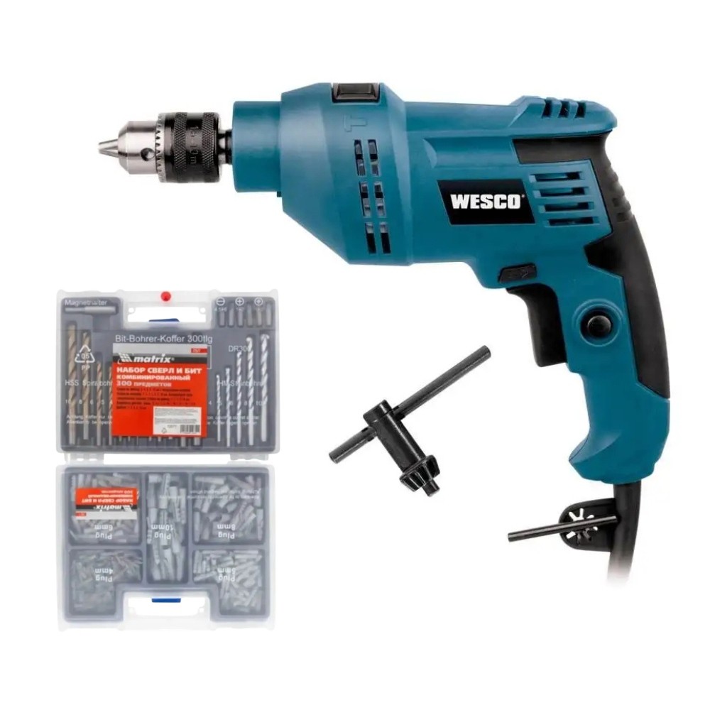Furadeira de Impacto 3/8 POL 550W WESCO com Jogo de Brocas Bits e Buchas com 300 Peças MTX