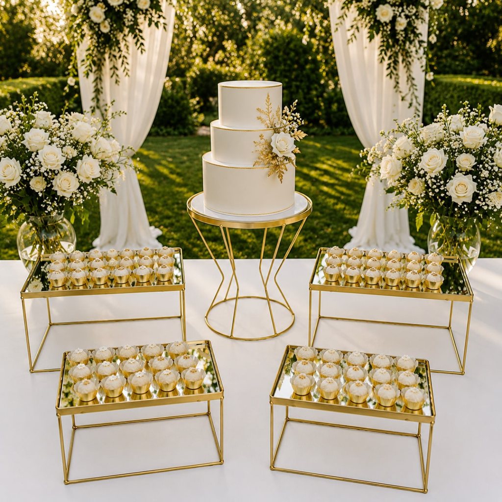 KIT FESTA BOLEIRA 20CM 4 DOCEIRAS/BANDEJAS FERRO ESPELHADAS SUPORTE DECORAÇÃO CASAMENTO BOLOS DOCES ANIVERSARIO
